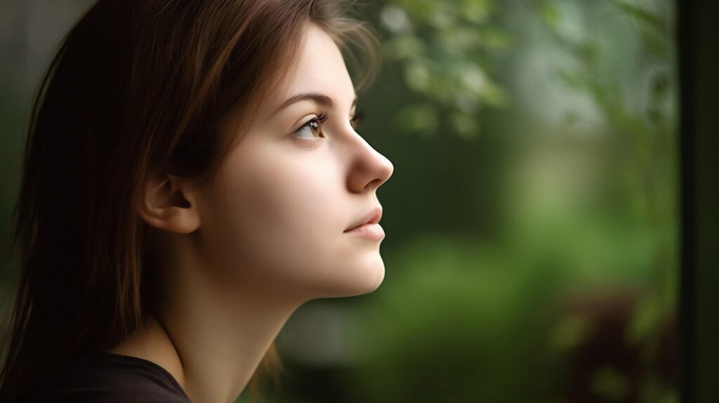 A person looking upward in soft natural light with a blurred green background, creating a calm, reflective mood that supports the theme of understanding self‑sabotage.