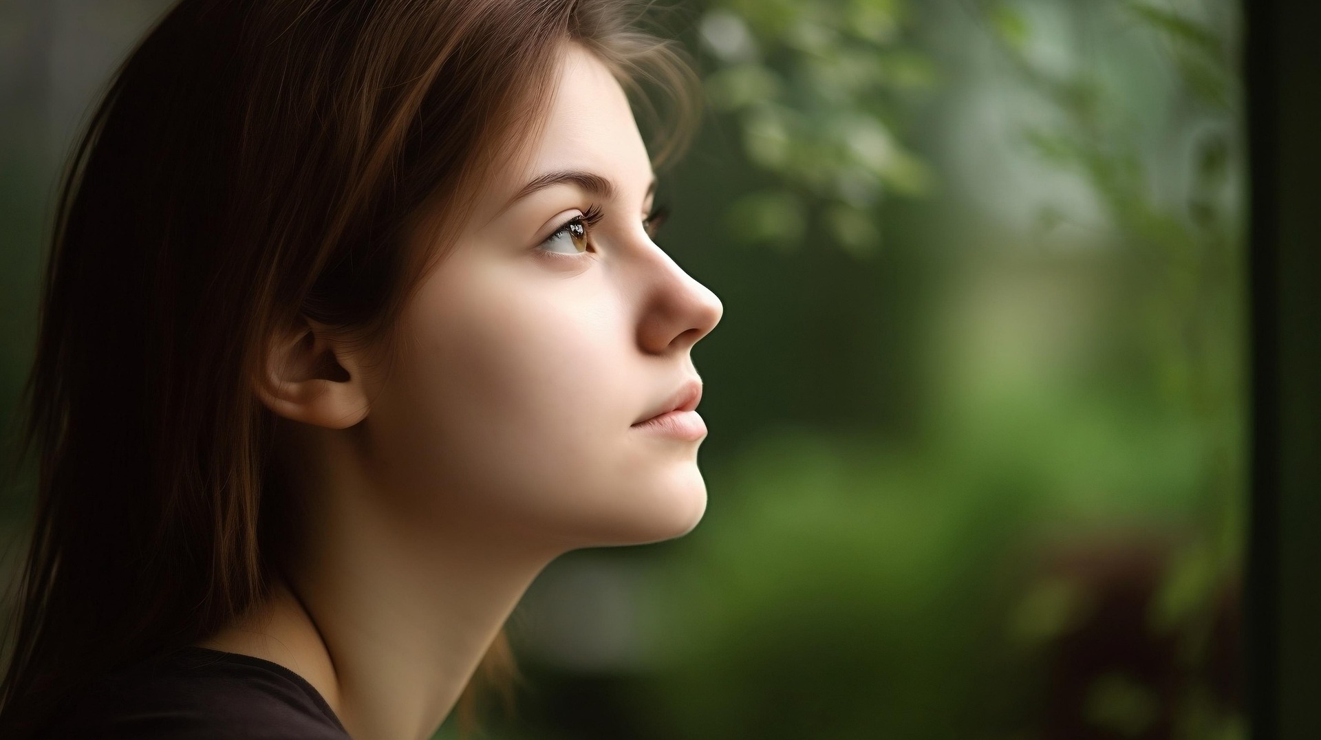 A person looking upward in soft natural light with a blurred green background, creating a calm, reflective mood that supports the theme of understanding self‑sabotage.